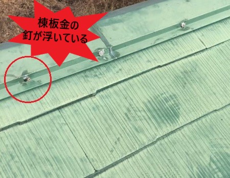 棟板金の釘が浮いている